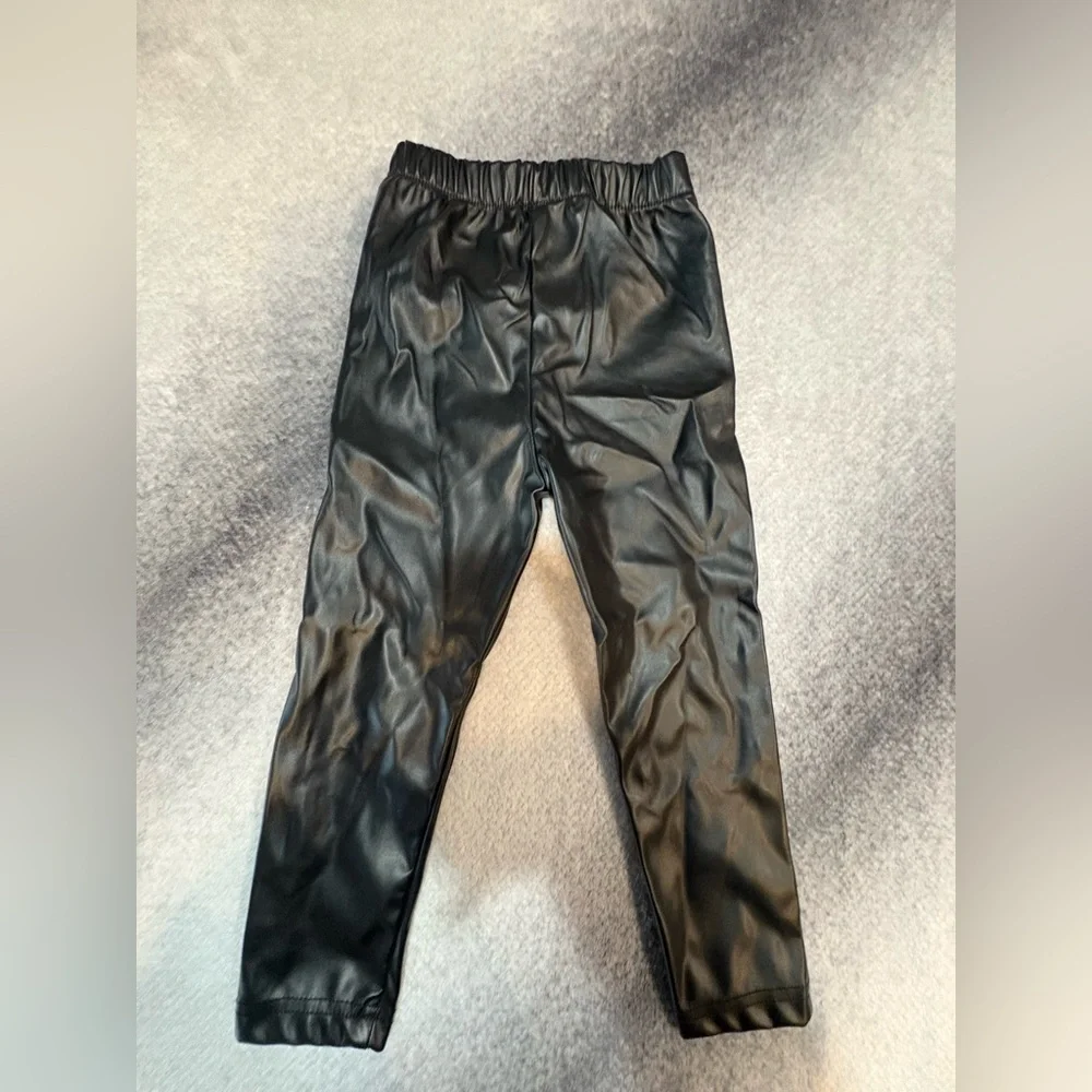 (A9) Shein Girls Kids Black Faux Leather Fashion Joggers‎ Pants Leggings 4Y